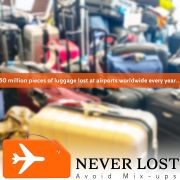 Colourful travel luggage tags with secure metal cable loop