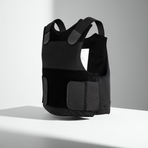 “Covert black NIJ Level IIIA bullet, stab and spike resistant vest displayed front view.”