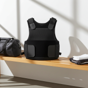 “Covert black NIJ Level IIIA bullet, stab and spike resistant vest displayed front view.”